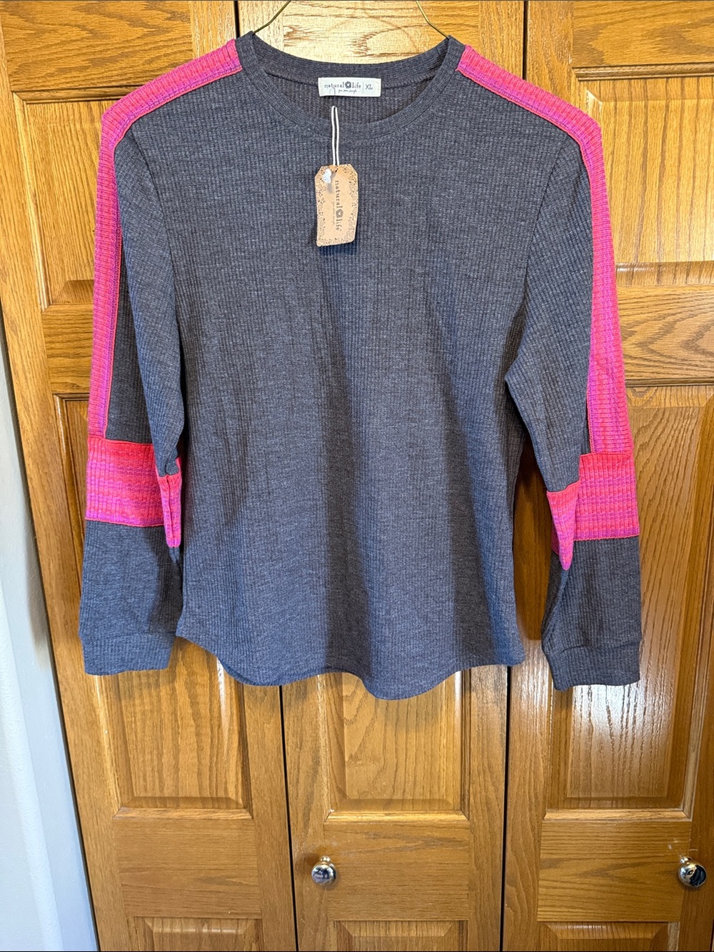 NATURAL LIFE Charcoal Thermal Top with Hot Pink Shoulder Stripes-XL